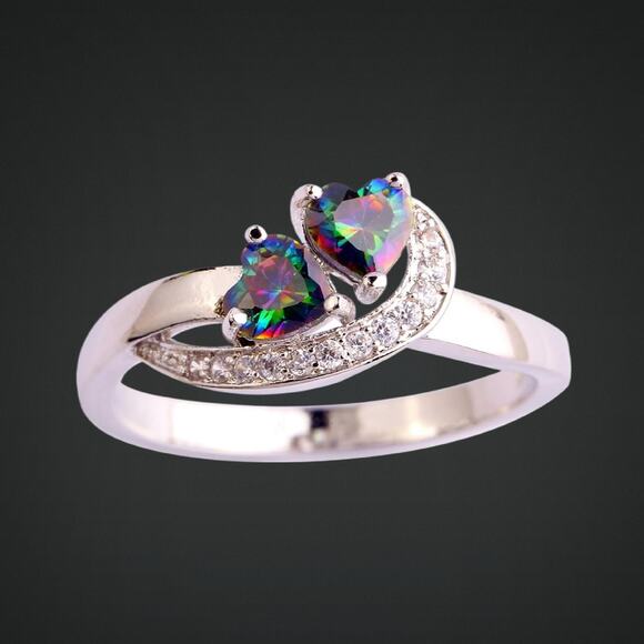 Simulated Rainbow Topaz Double Heart Ring Size 7 - Picture 1 of 4
